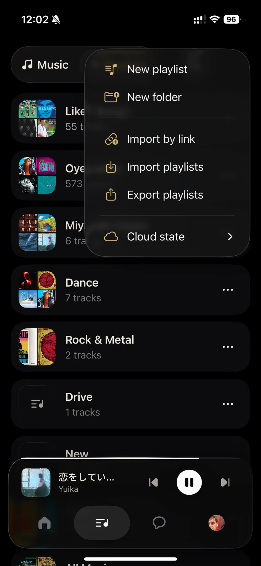Playlist creation and import actions in Sidus on iPhone