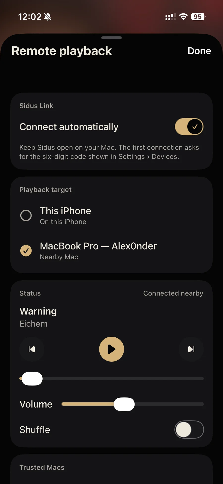 Remote playback controls for a nearby Mac in Sidus on iPhone