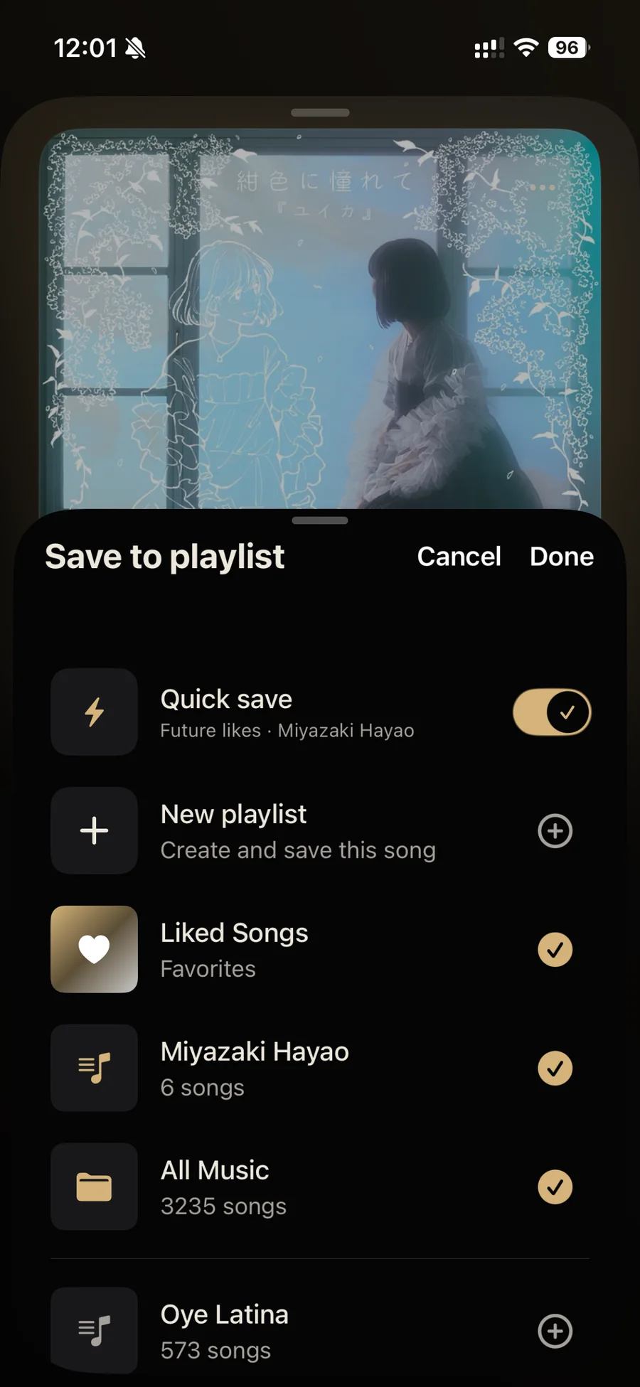 Save to playlist sheet in Sidus on iPhone