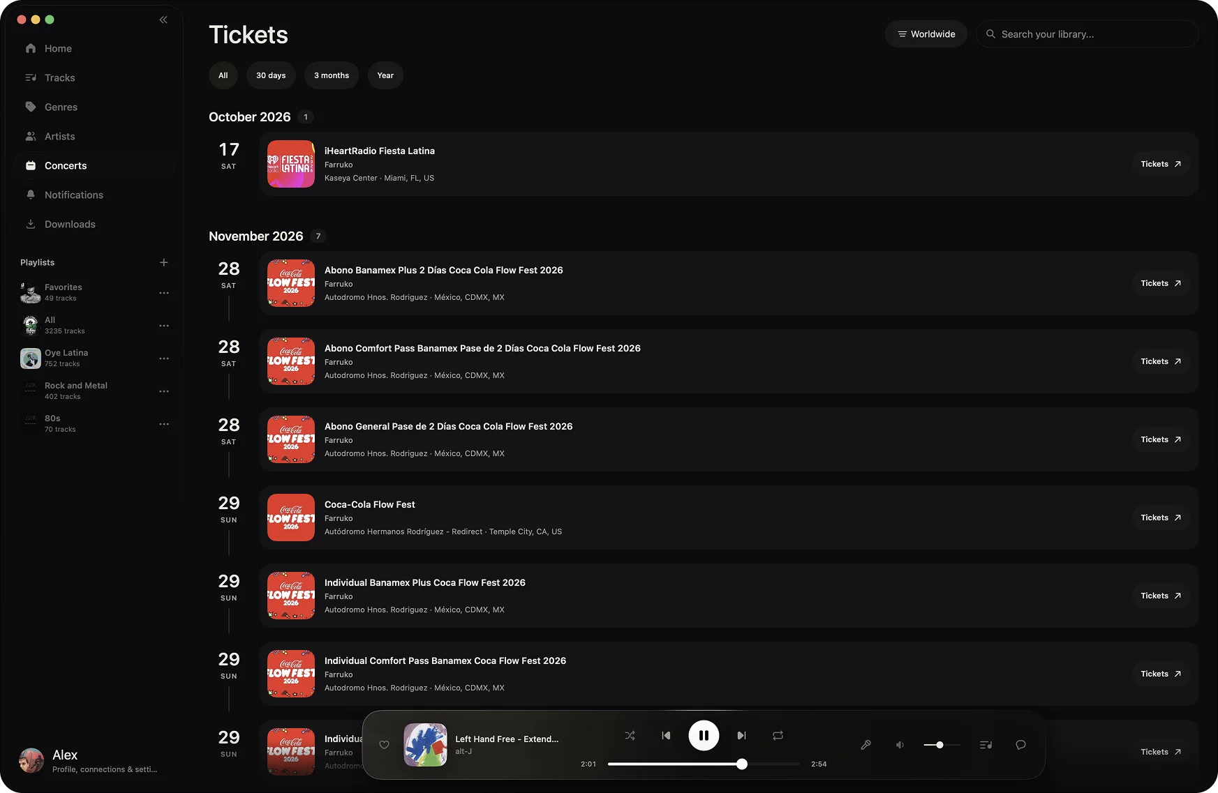 Concert tickets and persistent player in Sidus on macOS