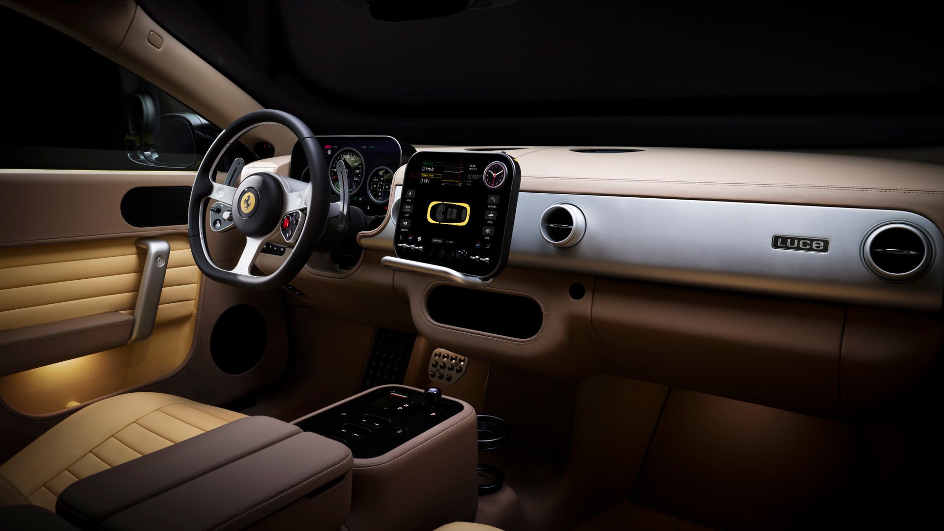 Ferrari Luce cabin interior with tan leather and physical controls