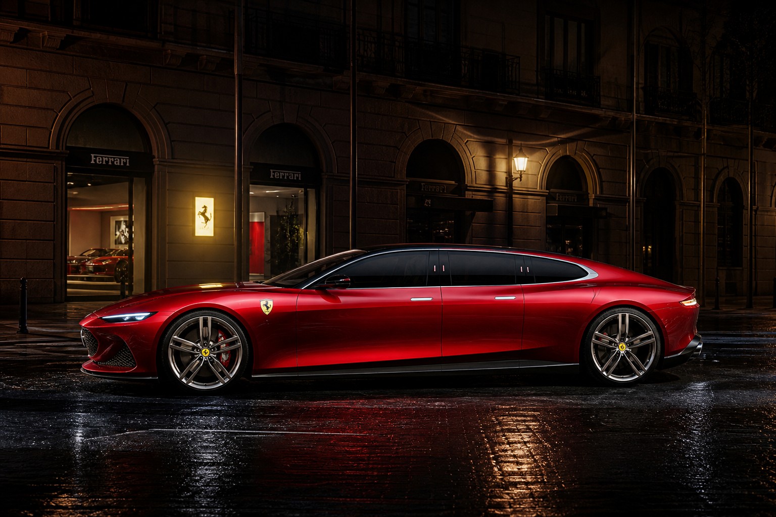 Long electric Ferrari limousine-coupe concept with sensual curves