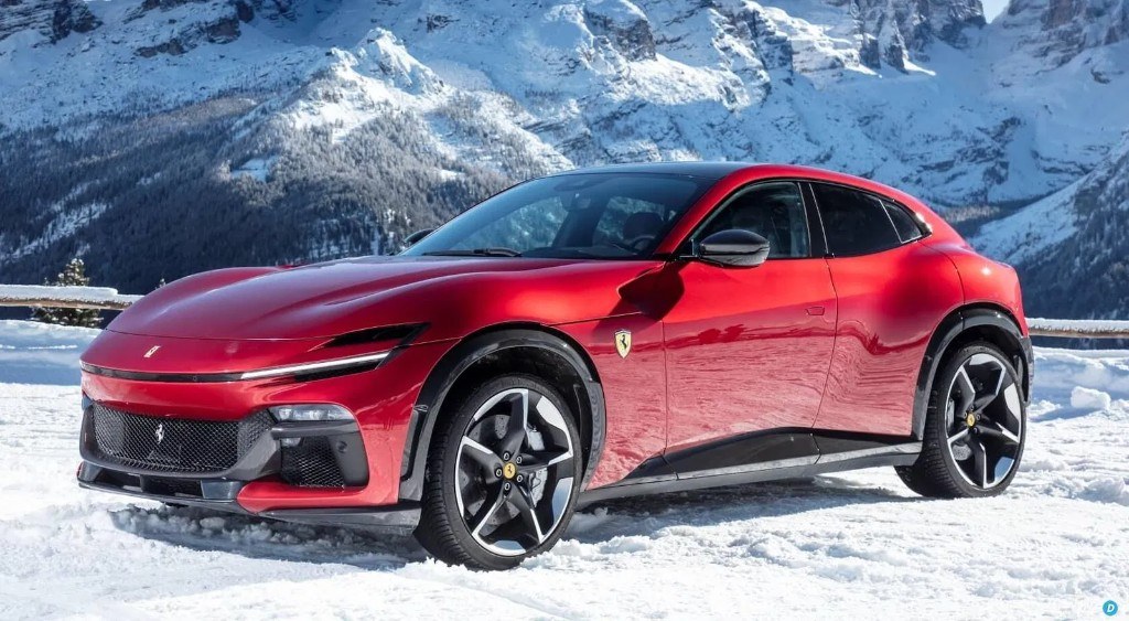 Ferrari Purosangue in rosso corsa in snowy mountains